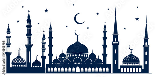 A detailed illustration of a mosque with minarets and a crescent moon in the background