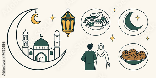 Illustration of a mosque with crescent moons, lanterns, and a man praying