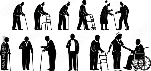 Silhouettes of elderly people with disabilities and caregivers in various mobility aid situations