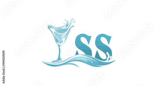 A stylized aquatic design with cocktail glass and two 'S' letters amid stylized wave elements