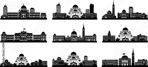 City skylines with churches and mosques in black silhouette on white background