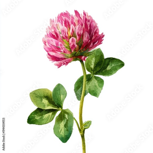 Watercolor depiction of a vibrant red clover flower with green leaves, set against a stark white backdrop