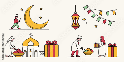 A festive scene with people celebrating eid with gifts and decorations