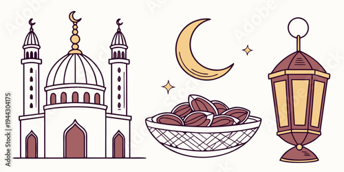 A vibrant illustration of a mosque with a crescent moon and a bowl of dates