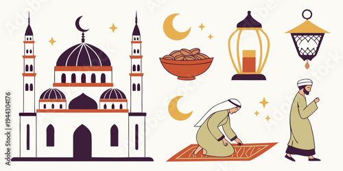 Illustration of a mosque with crescent moon, lantern, and prayer mat