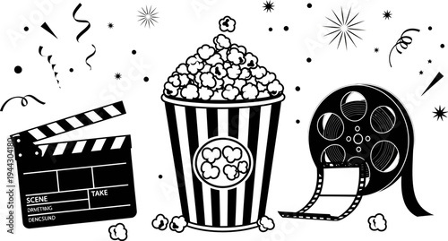 black and white illustration of movie clapper board popcorn bucket and film reel with confetti