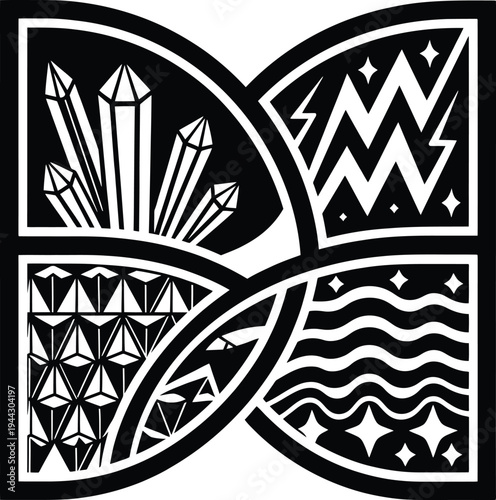 Square composition with tribal geometric patterns featuring crystals zigzag lines waves and stars.