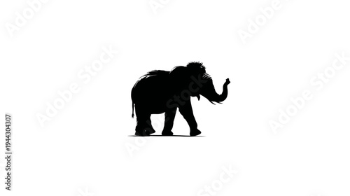 A monochrome silhouette of an elephant in mid-stride. Trunk is up.  Body and legs clearly visible
