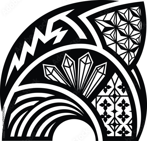Ornamental tribal tattoo pattern with geometric crystals zigzag waves and starburst elements in black.