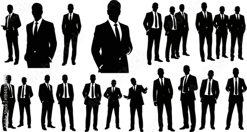 Collection of silhouette businessmen in various poses on white background