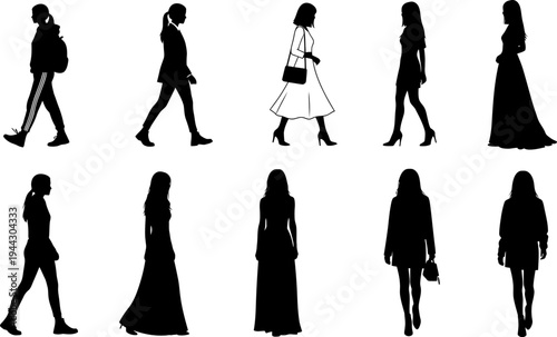 Silhouettes of women in various poses and outfits walking or standing