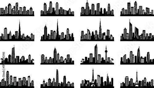 blackandwhite city skylines with various buildings and skyscrapers in rows on white background