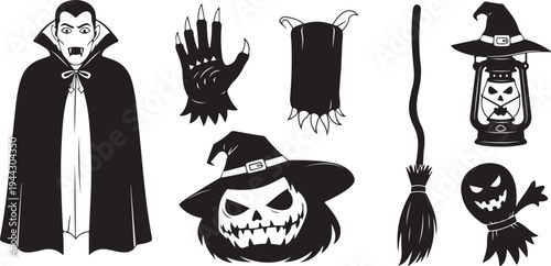 Halloween icons and characters in black and white style
