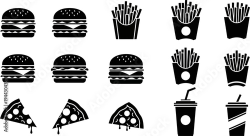 black silhouettes of fast food items on white background