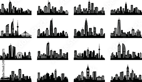 collection of city skylines from around the world in silhouette on white background