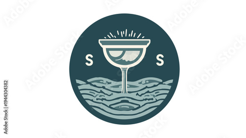 A circular illustration of a stemmed cocktail glass, featuring stylized waves and two "S" letters