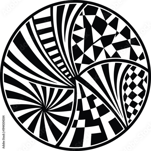 Circular mandala style art with diverse geometric patterns including waves checkerboard and sunburst.