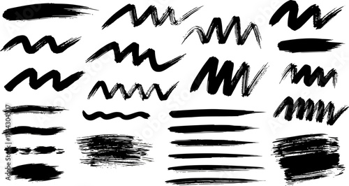 Collection of various black brush strokes and lines on white background for design and artistic use