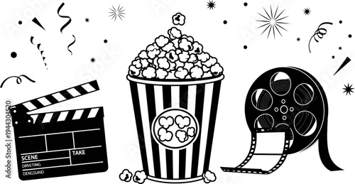 Black and white illustration of movie clapper board popcorn bucket and film reel with confetti and stars