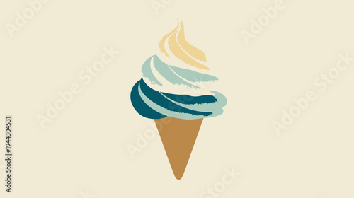 A stylized ice cream cone with swirled scoops in three colors, on a light cream background