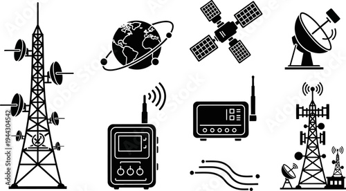 Black and white illustration of various communication technology icons including satellites and radio towers used for global connectivity and signal transmission