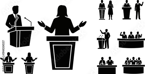 Silhouette of business people giving presentations and speeches from podiums and lecterns in various gestures