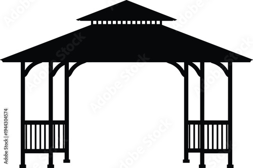 Black silhouette illustration of outdoor gazebo with pitched roof, arches, and railings, symbolizing garden architecture, park structures, shade, and recreational design concepts