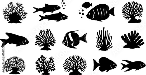 black silhouettes of fish and coral reefs on white background