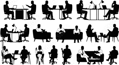 Silhouettes of people working in office settings with laptops and computers  various professionals in different work environments