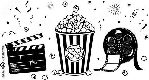 Black and white illustration of movie clapperboard popcorn bucket and film reel with confetti and stars  cinema celebration