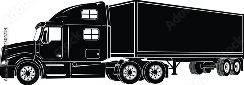 Black silhouette illustration of semi‑truck with cab and trailer, ideal for freight transportation, logistics branding, trucking industry concepts, and commercial vehicle design projects