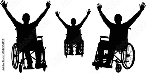 Silhouette of people in wheelchairs with hands raised in celebration or freedom isolated on white background