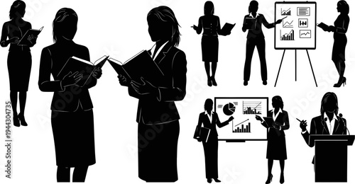 Silhouettes of businesswomen in various professional settings and activities