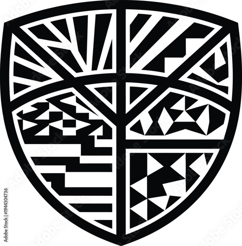 Abstract shield crest with modern tribal art motifs and various geometric patterns for heraldry emblem or security logo.