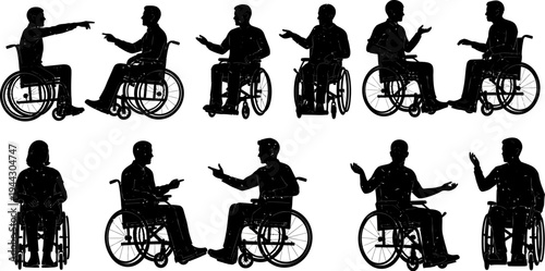 Silhouette of people in wheelchairs with various gestures on white background