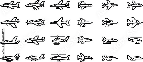 Airplane and helicopter icons: set of aviation and aircraft symbols with air force with white background