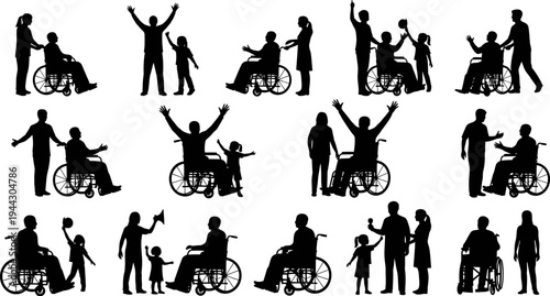Silhouettes of people with disabilities and their helpers in various supportive actions and interactions