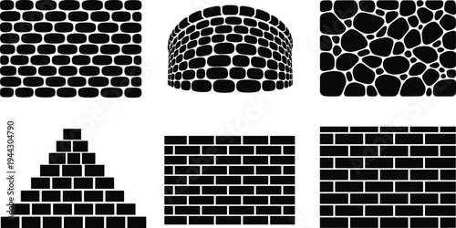 Black silhouette illustration of six different brick and stone wall patterns, ideal for construction, masonry, architecture, building design, and decorative structural concepts