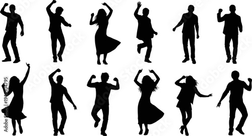 set of people dancing in various poses on white background
