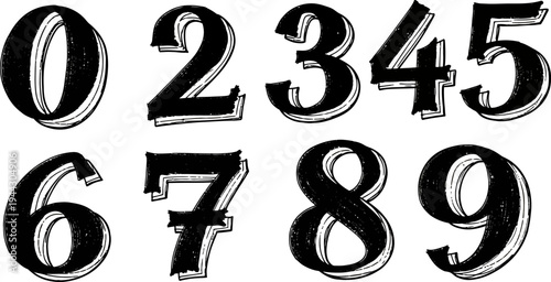 Hand drawn grunge numbers from zero to nine in black and white