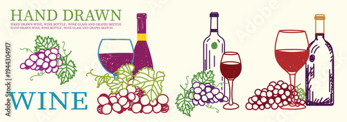 Hand drawn wine vector illustration set featuring wine bottle, glass, and fresh grape cluster with leaf in sketch style. Trendy vintage winery design perfect for menu, label, packaging, bar branding.