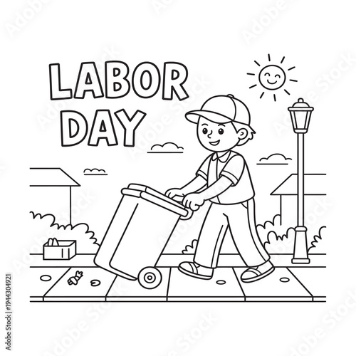 Trash man in uniform pushing a wheeled bin, ‘Labor Day’ text above.