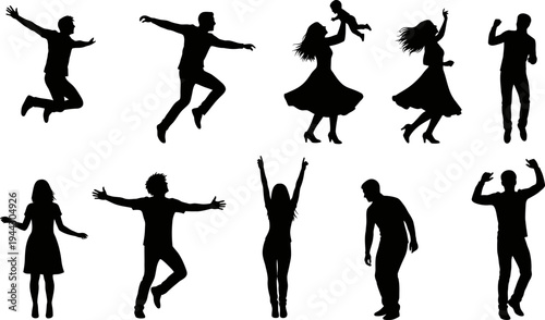 set of people silhouettes in various dance poses and movements on white background