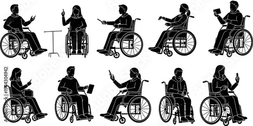 set of people in wheelchairs with various poses and activities  people with disabilities