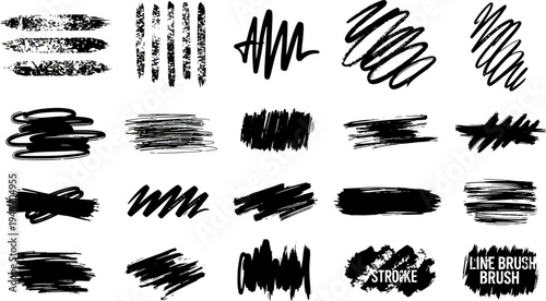 Collection of various black brush strokes and lines on white background for design elements
