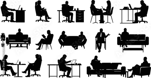 Silhouette of people sitting on chair or sofa and working with laptop or reading a book in office or home setting