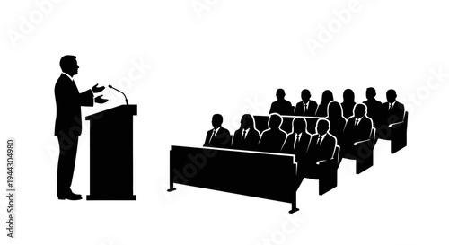 Silhouette of a speaker addressing an audience in a conference room, presentation concept