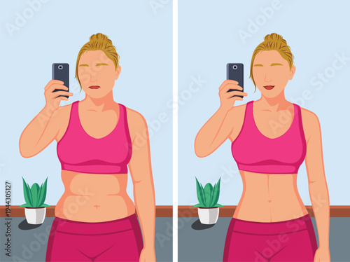 A woman's fitness journey transformation. A mirrored body illustration shows her before and after weight loss progress.