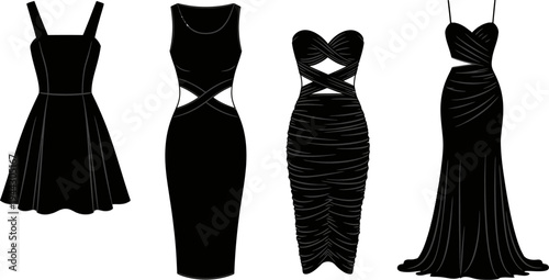 four black evening gowns with different designs and necklines  formal dresses