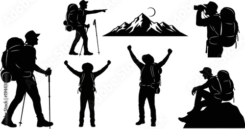 Black silhouettes of hikers and a mountain landscape with a crescent moon
